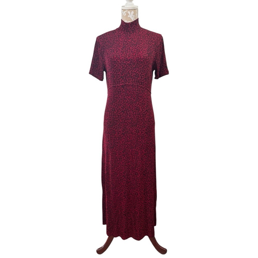 Vintage 90s Y2K Size Medium Red Black Leopard Print Maxi Dress Stretchy Slinky